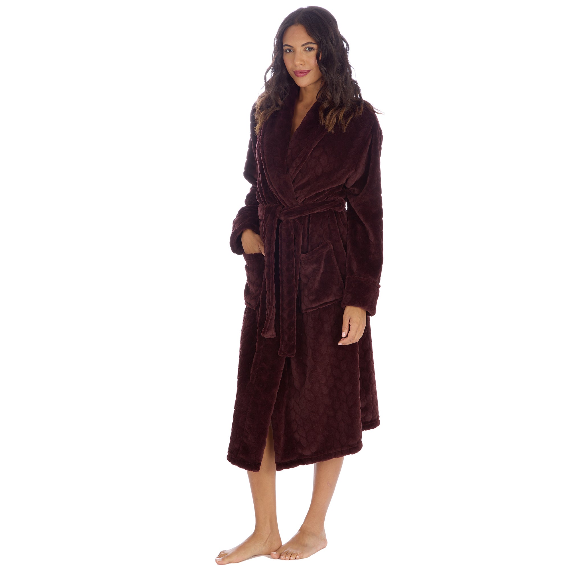 Ladies personalised shawl collar ribbed feature dressing gown. Shaw collar, pockets on either side, tie around the waist and featured ribbed design on the fabric in a deep chocolate colour. This will be personalised with embroidery. 