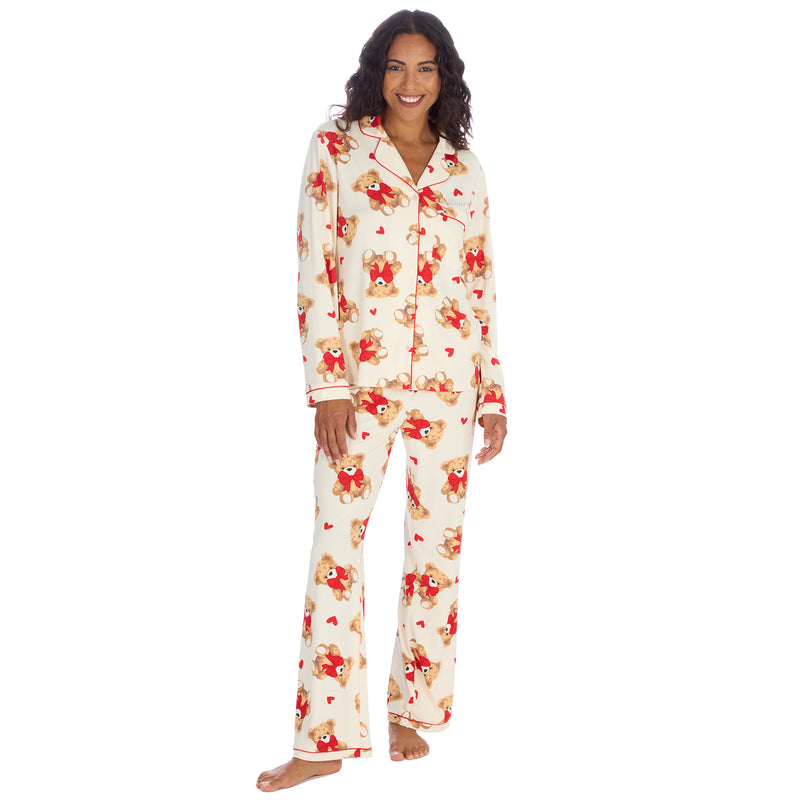 Ladies teddy bear print pyjamas. Created from a super comfy jersey fabric and complete with personalisation above the pocket to make the perfect gift for her! 