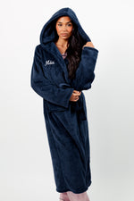 Load image into Gallery viewer, Ladies two tone plush maxi personalised dressing gown in a luxurious Navy and Black two tone mix colour. Made from super soft thick fabric, maxi length, large hood to the back and adjustable tie around the waist. Complete with a special touch of personalisation to the chest - this is embroidered especially for you. Making the perfect personalised gift for her. 
