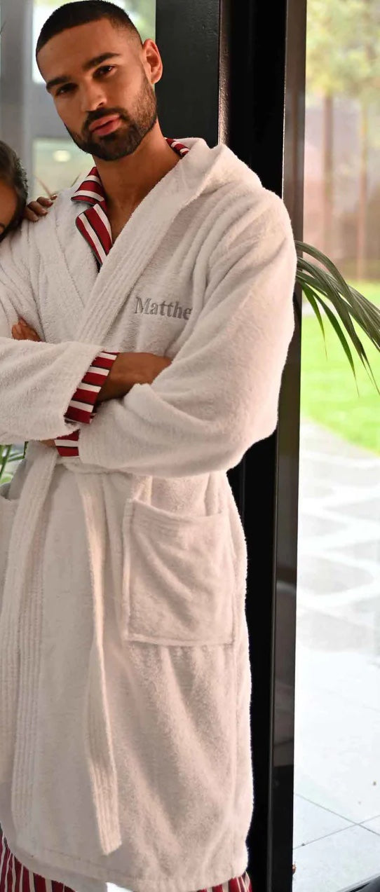 MR personalised luxury hooded terry towelling dressing gown | personalised men's Egyptian cotton dressing gown | personalised hooded towelling robe for men