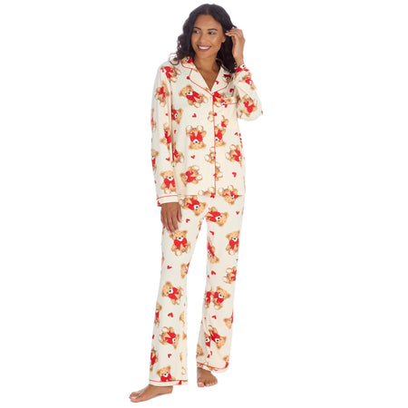 Ladies teddy bear print pyjamas. Created from a super comfy jersey fabric and complete with personalisation above the pocket to make the perfect gift for her! 