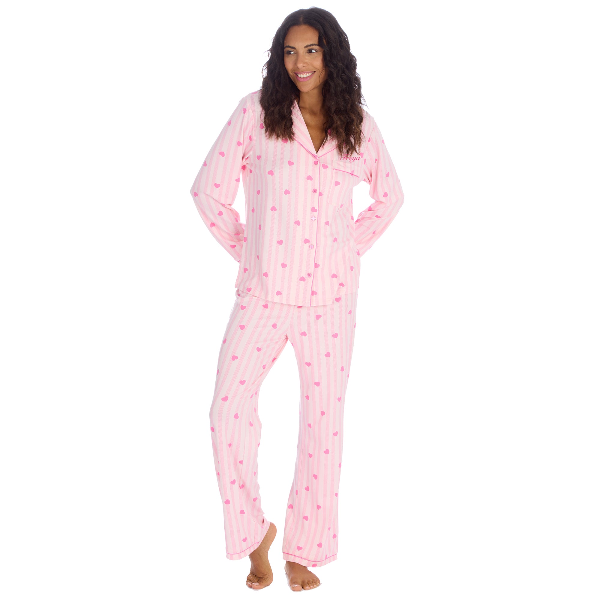 Ladies love heart design pyjamas personalised to the front with a pocket.  Pink and white with buttons to the front.