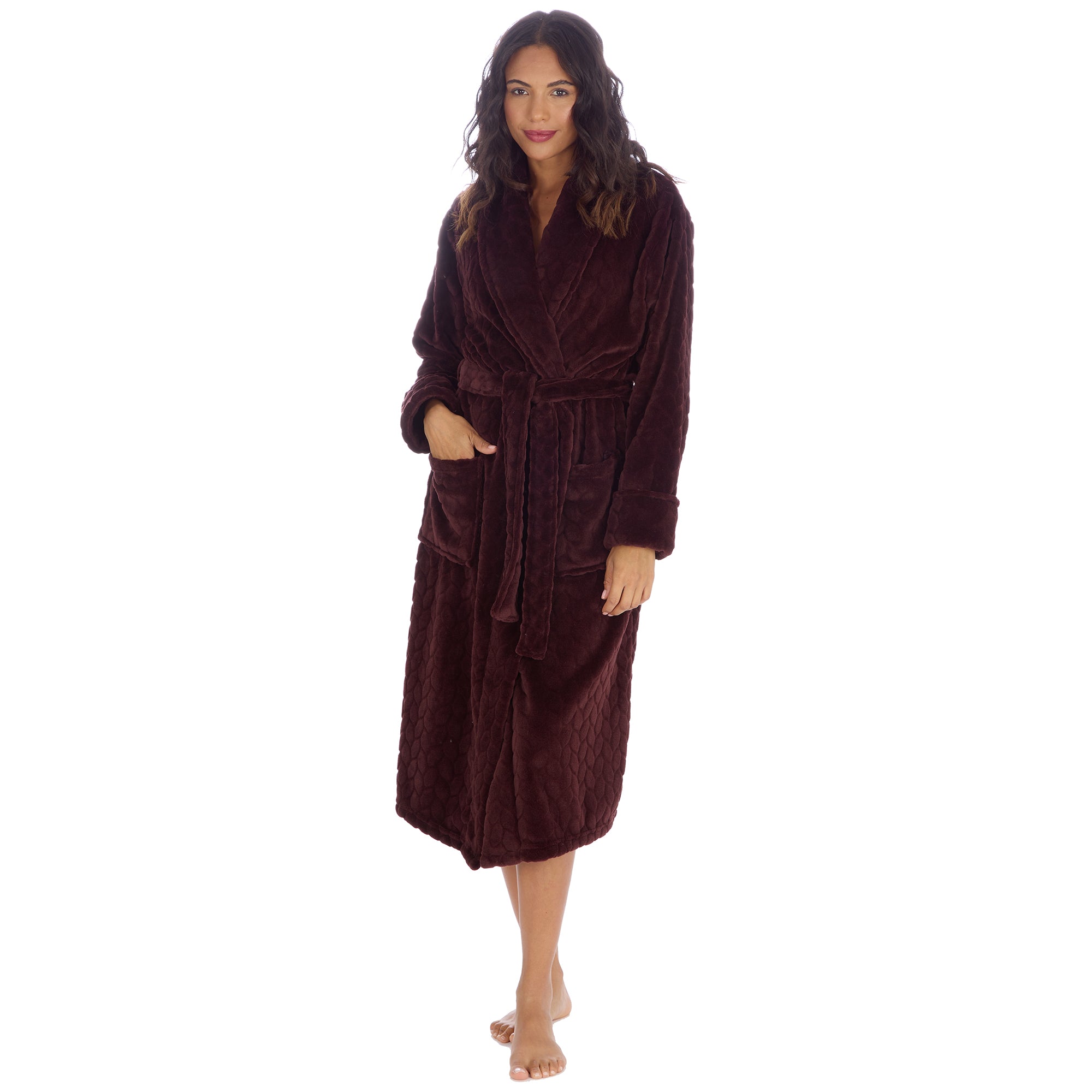 Ladies personalised shawl collar ribbed feature dressing gown. Shaw collar, pockets on either side, tie around the waist and featured ribbed design on the fabric in a deep chocolate colour. This will be personalised with embroidery. 