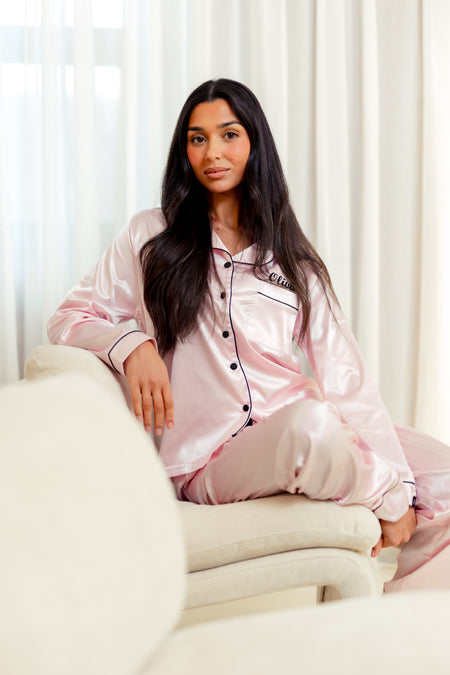personalised satin long pyjama set | personalised satin long pyjama set pink (change according to colour image)