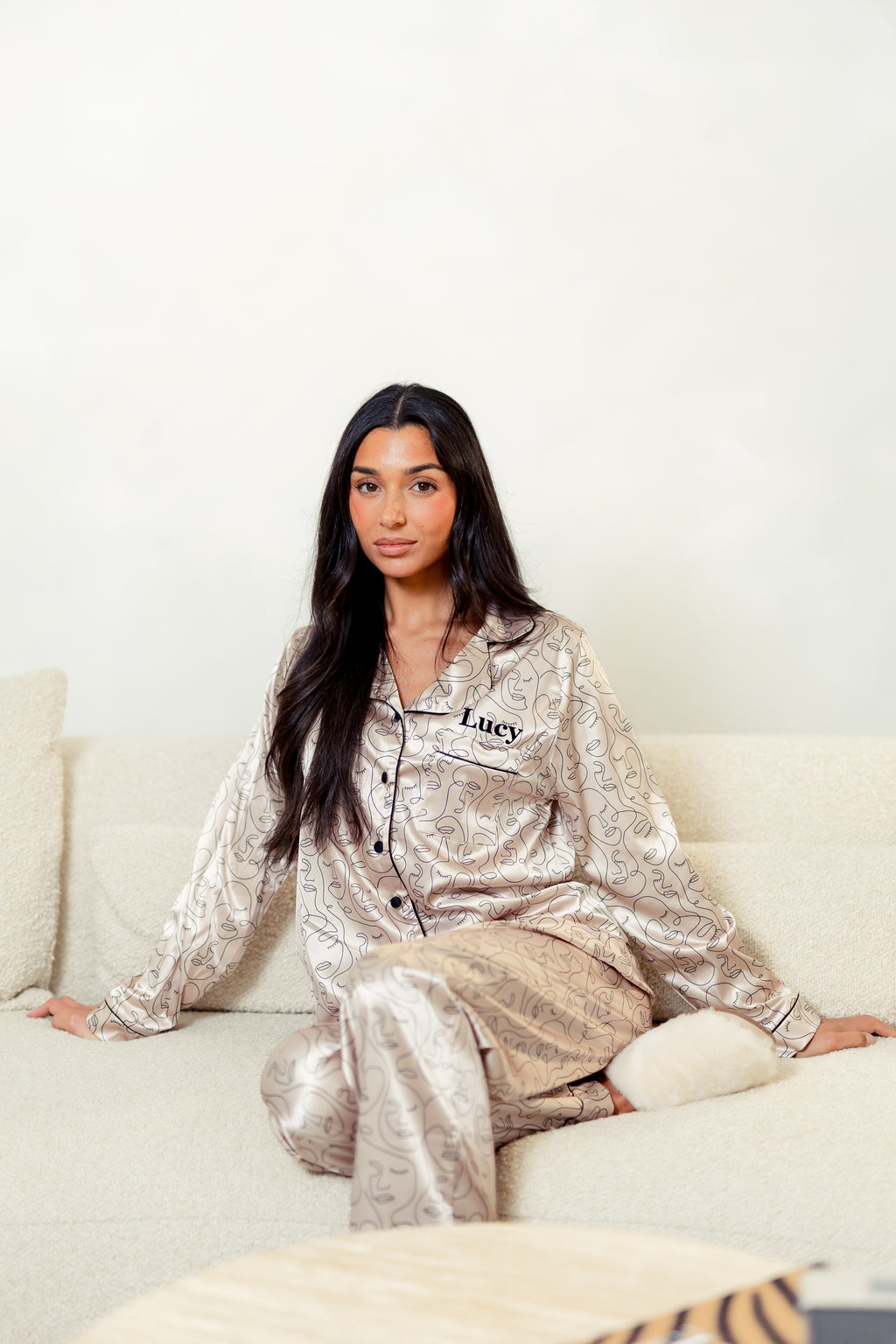 Ladies luxury face design satin long personalised pyjamas