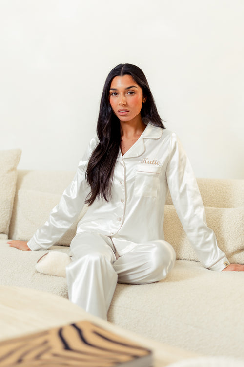 personalised satin long pyjama set | personalised satin long pyjama set pink (change according to colour image)