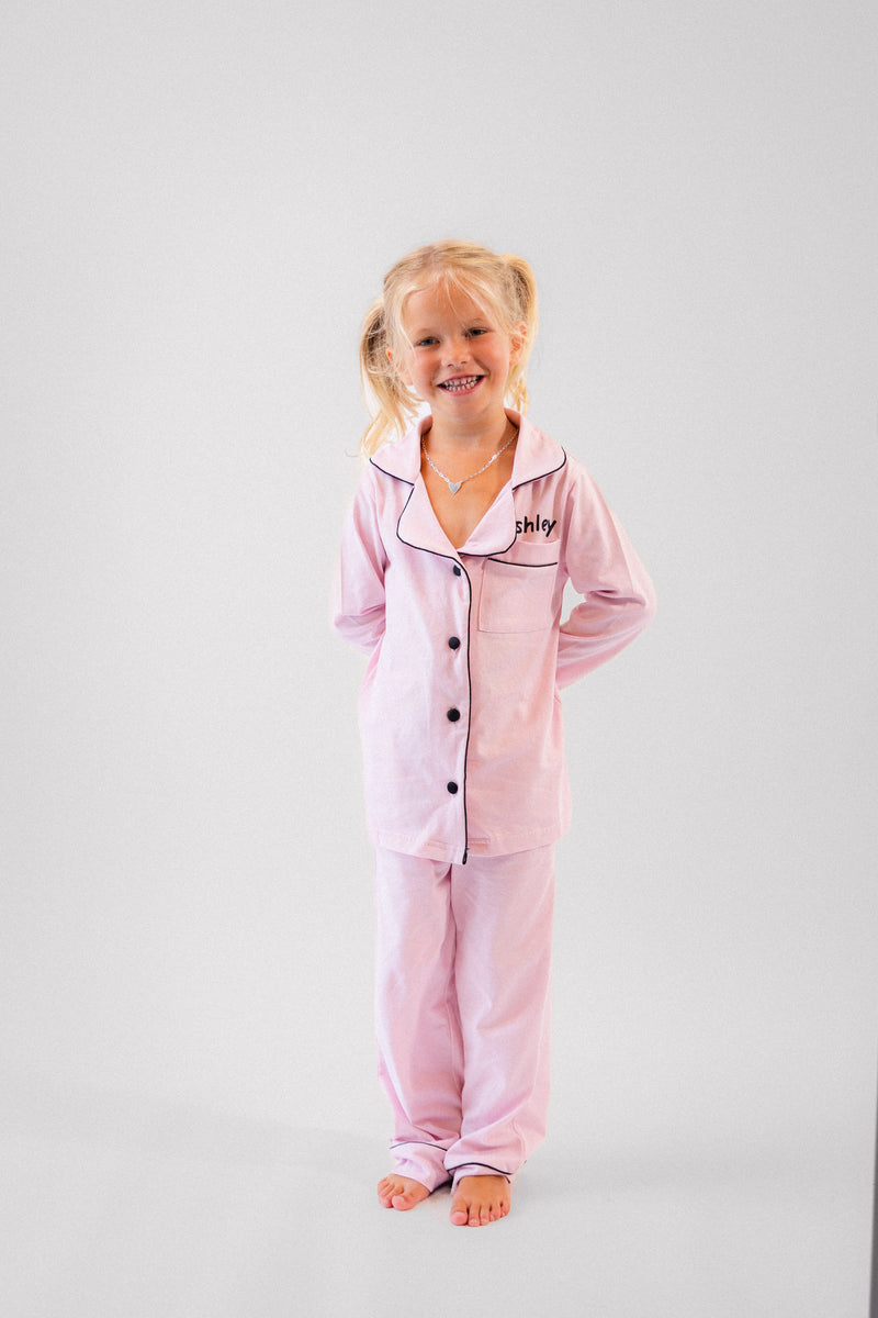 girls personalised jersey pyjamas | personalised long sleeve pyjama set for girls | girls cotton pyjama set | matching family jersey pyjamas