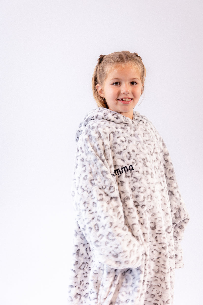 kids personalised leopard oversized hoodie | plush leopard print hoodie for kids | personalised oversized leopard hoodie | embroidered leopard hoodie for children