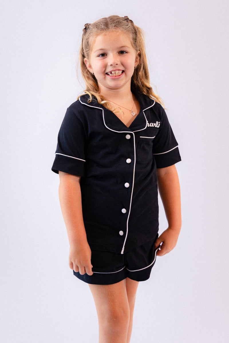 girls personalised short sleeve jersey pyjamas | personalised cotton short pyjama set for girls | girls personalised summer pyjamas | matching family jersey pyjamas