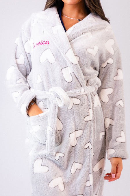 personalised plush heart dressing gown | personalised heart print dressing gown
