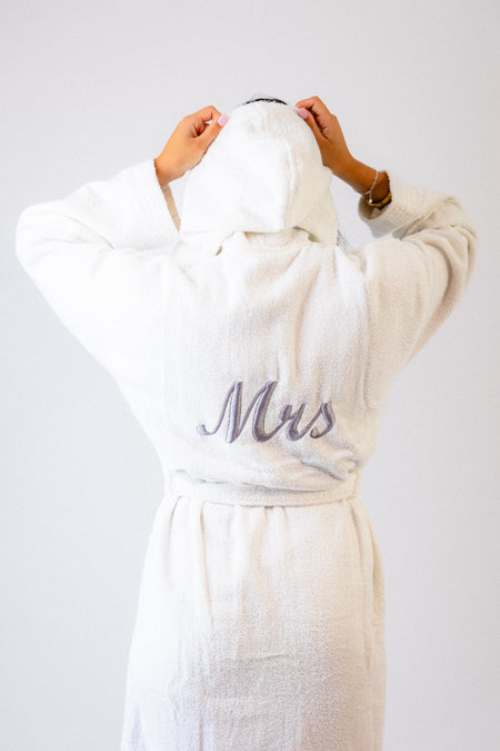 personalised Mrs Egyptian cotton hooded dressing gown | personalised Mrs white towelling dressing gown
