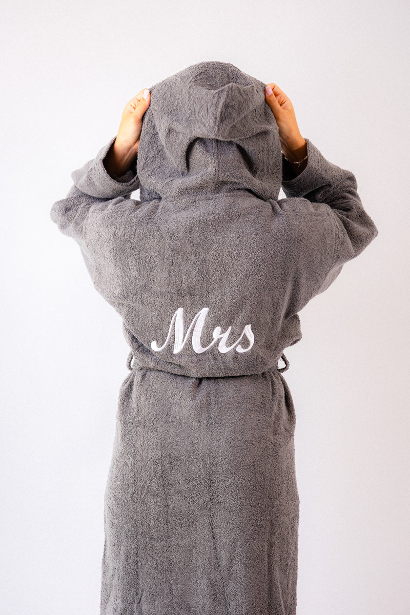 personalised Mrs Egyptian cotton hooded dressing gown | personalised Mrs white towelling dressing gown