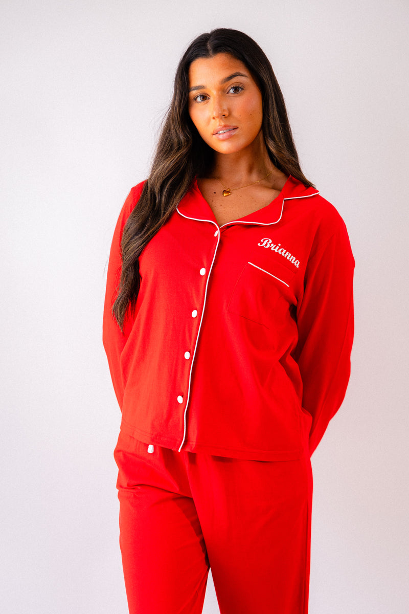 personalised 100% cotton pyjama set long sleeve top and trousers women | personalised 100% cotton pyjama set long sleeve pink women (change according to colour image)