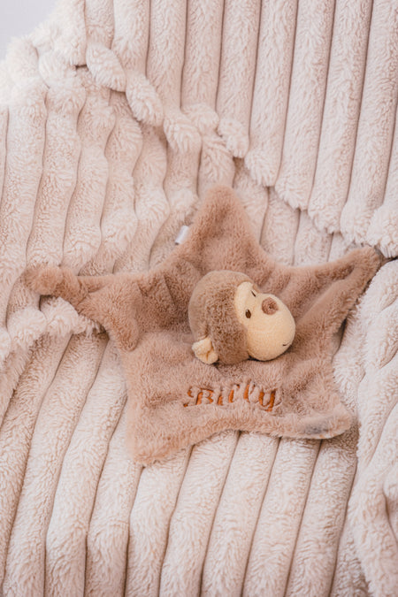 baby personalised recycled monkey comforter | personalised monkey comfort blanket | embroidered recycled monkey comforter | sustainable baby monkey comfort toy