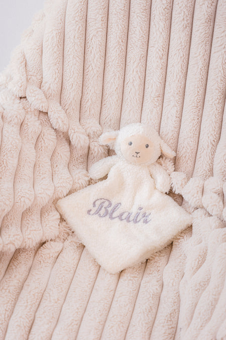 baby personalised lamb comforter | personalised lamb comfort blanket | embroidered lamb comforter for baby | soft lamb comfort toy