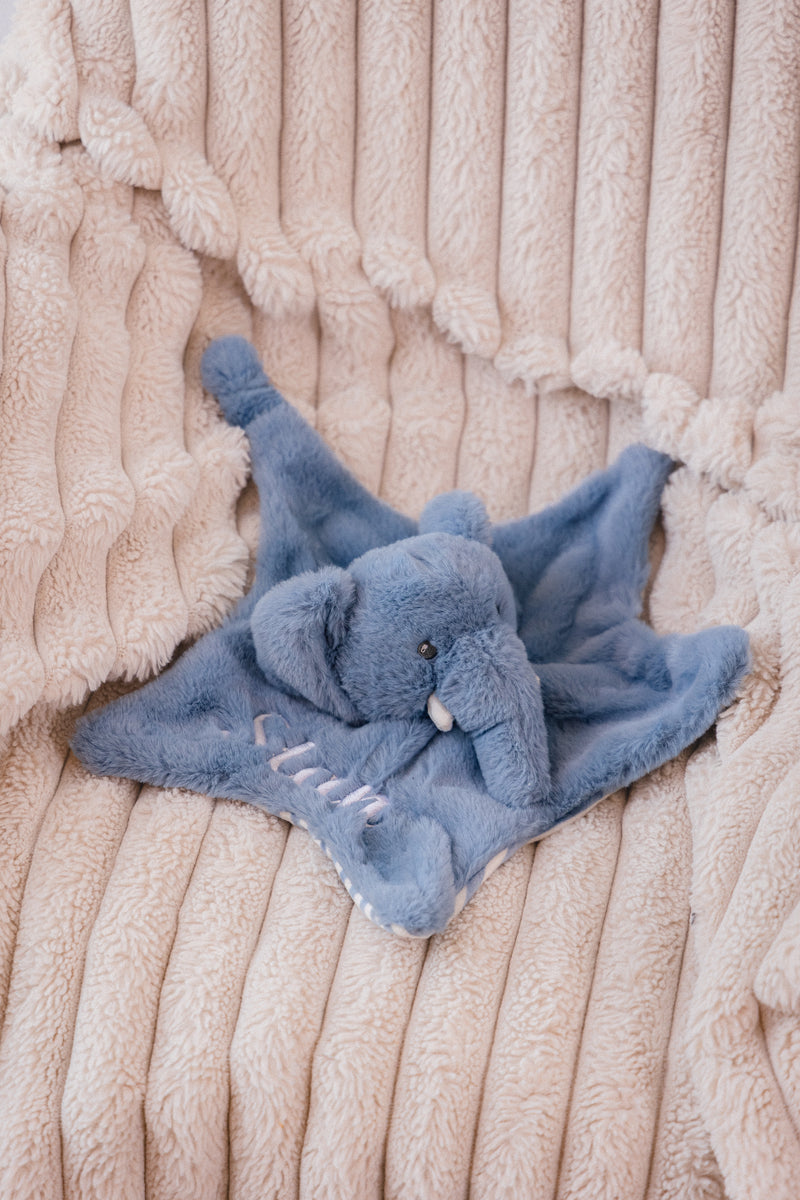 baby personalised recycled elephant comforter | personalised elephant comfort blanket | embroidered recycled elephant comforter | sustainable baby elephant comfort toy