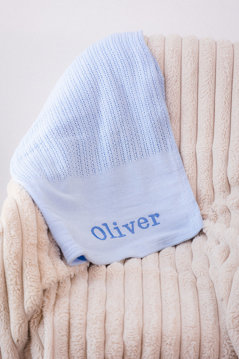 personalised cellular baby blanket | luxury knitted baby blanket | personalised cotton baby blanket | embroidered baby cellular blanket