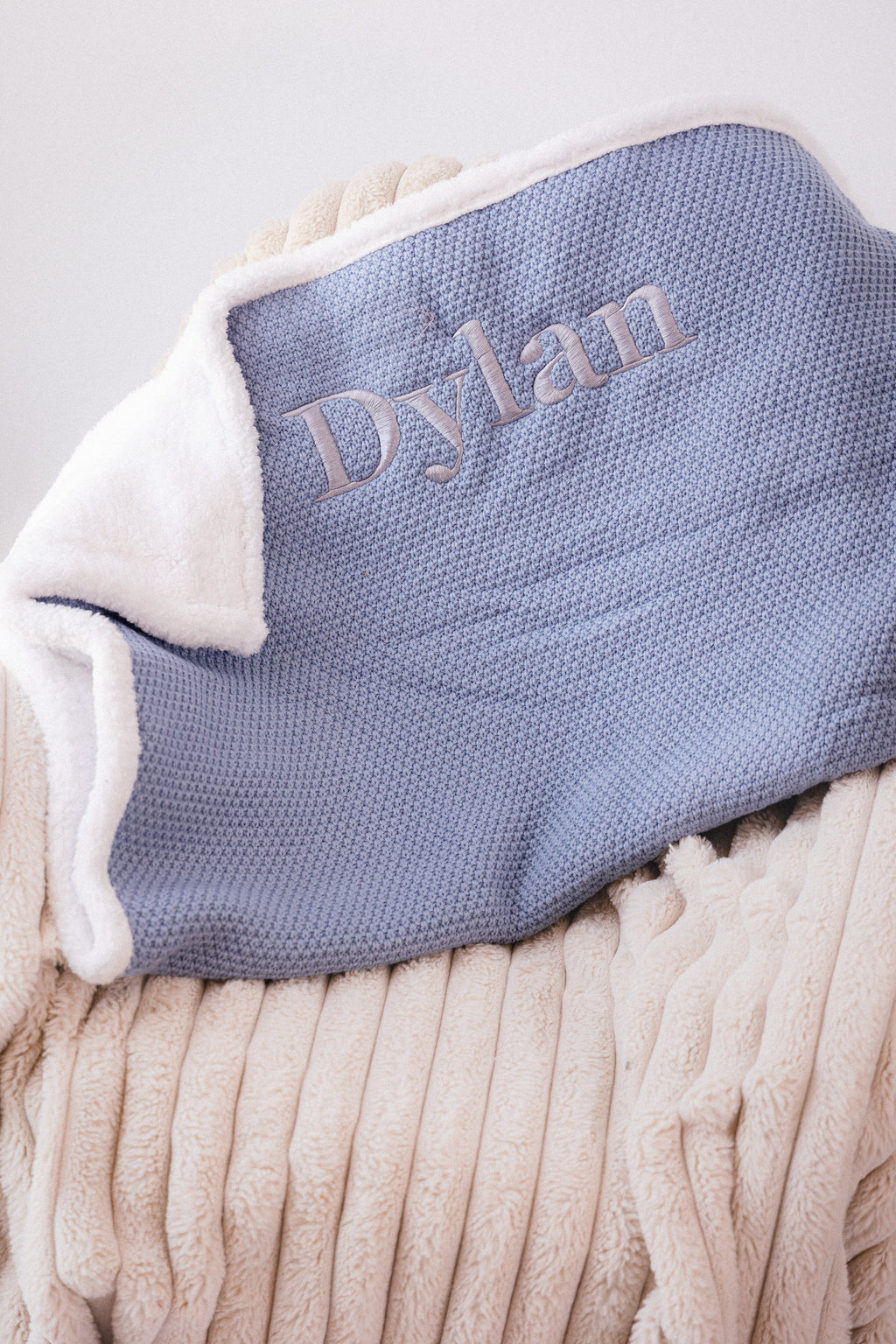 personalised knitted baby blanket | sherpa lined baby blanket | personalised unisex baby blanket | embroidered knitted baby blanket
