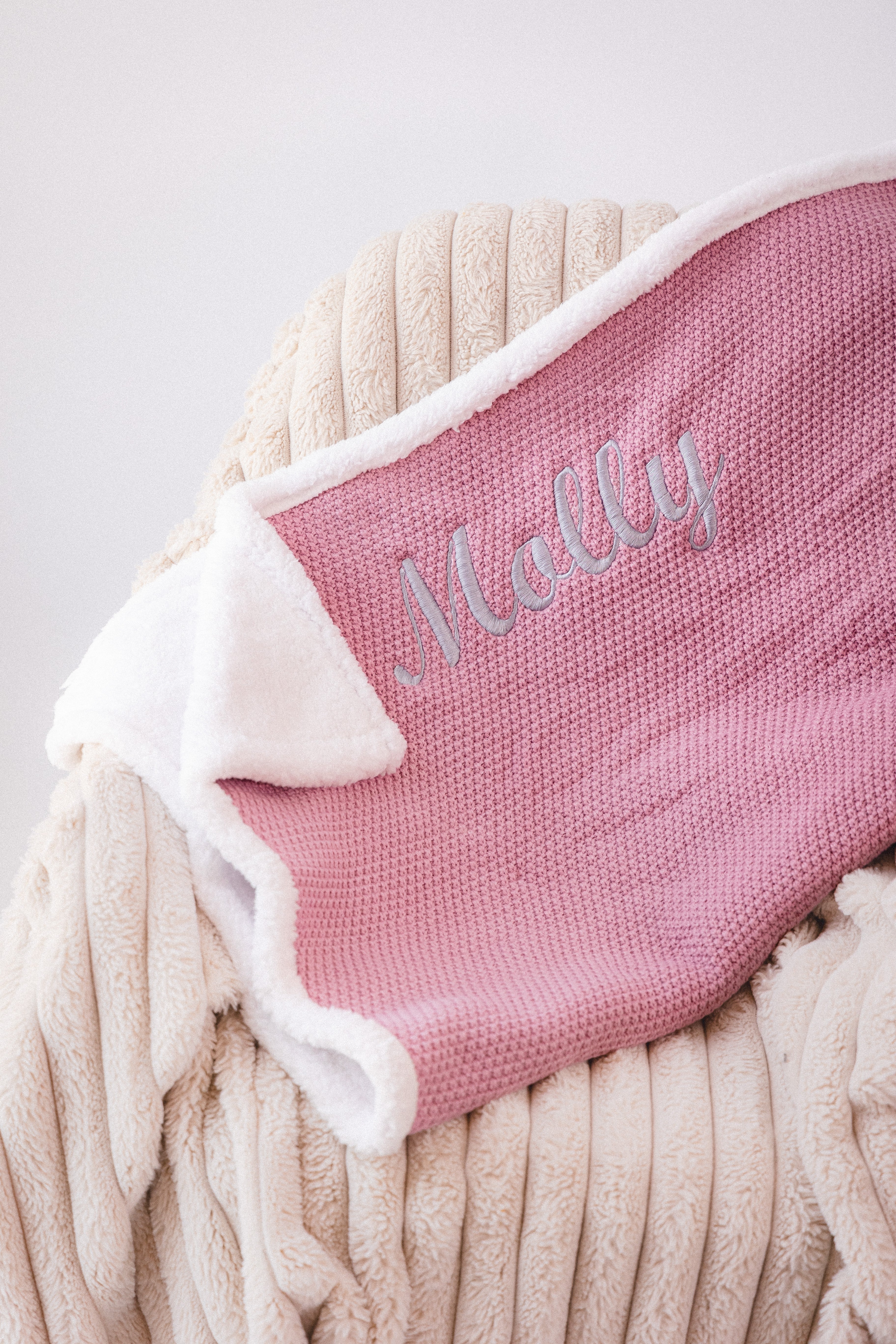Babies personalised unisex knitted sherpa lined blanket