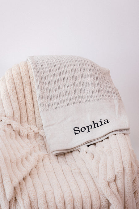 personalised cellular baby blanket | luxury knitted baby blanket | personalised cotton baby blanket | embroidered baby cellular blanket