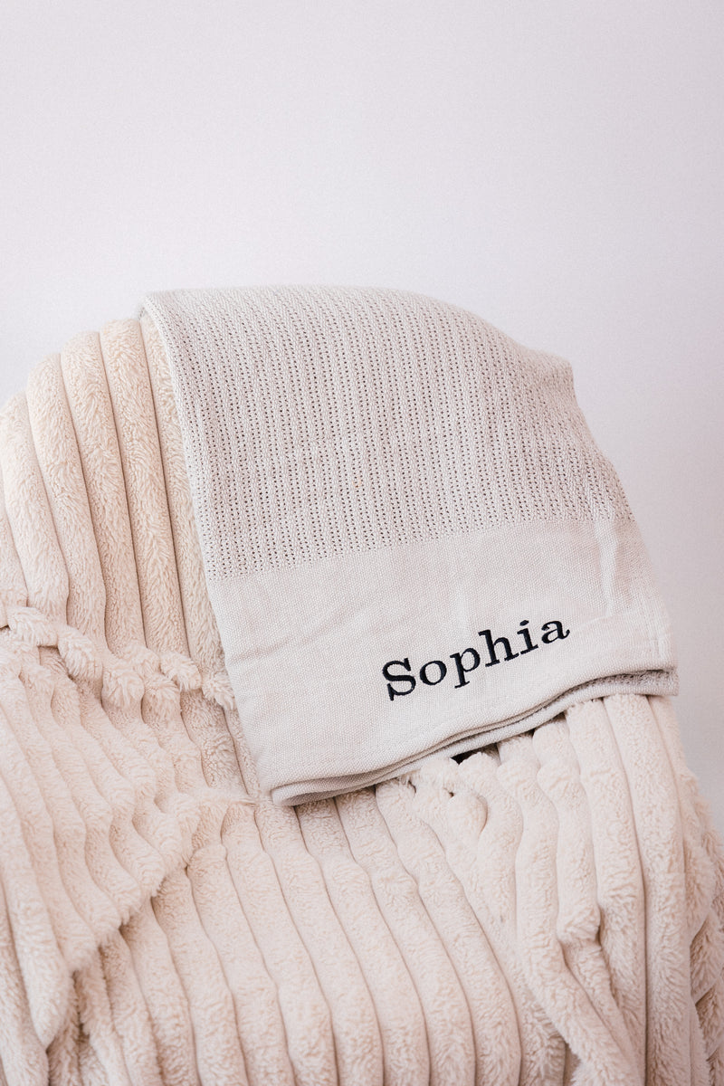 personalised cellular baby blanket | luxury knitted baby blanket | personalised cotton baby blanket | embroidered baby cellular blanket