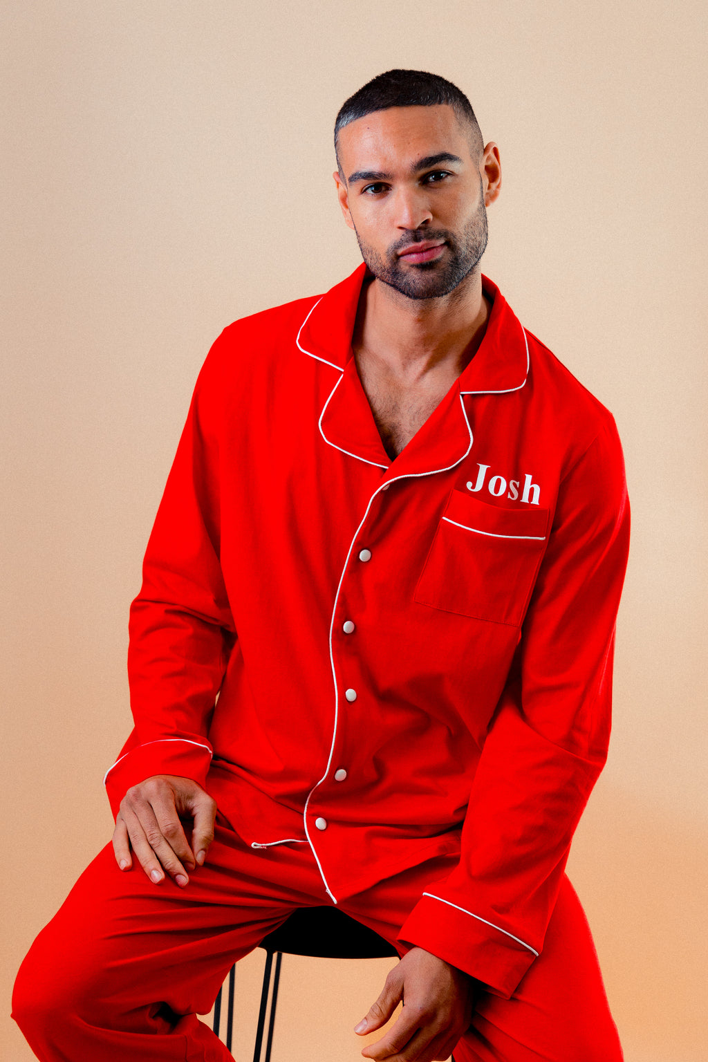 Mens jersey button up personalised pyjama in a lovely Red colour with White trims, buttons and personalisation. 