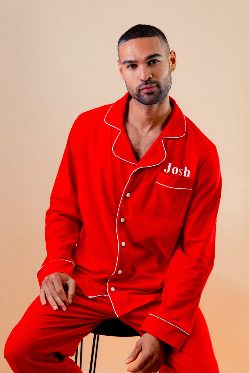 Mens jersey button up personalised pyjama in a lovely Red colour with White trims, buttons and personalisation. 