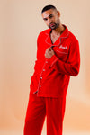 Mens jersey button up personalised pyjama in a lovely Red colour with White trims, buttons and personalisation. 