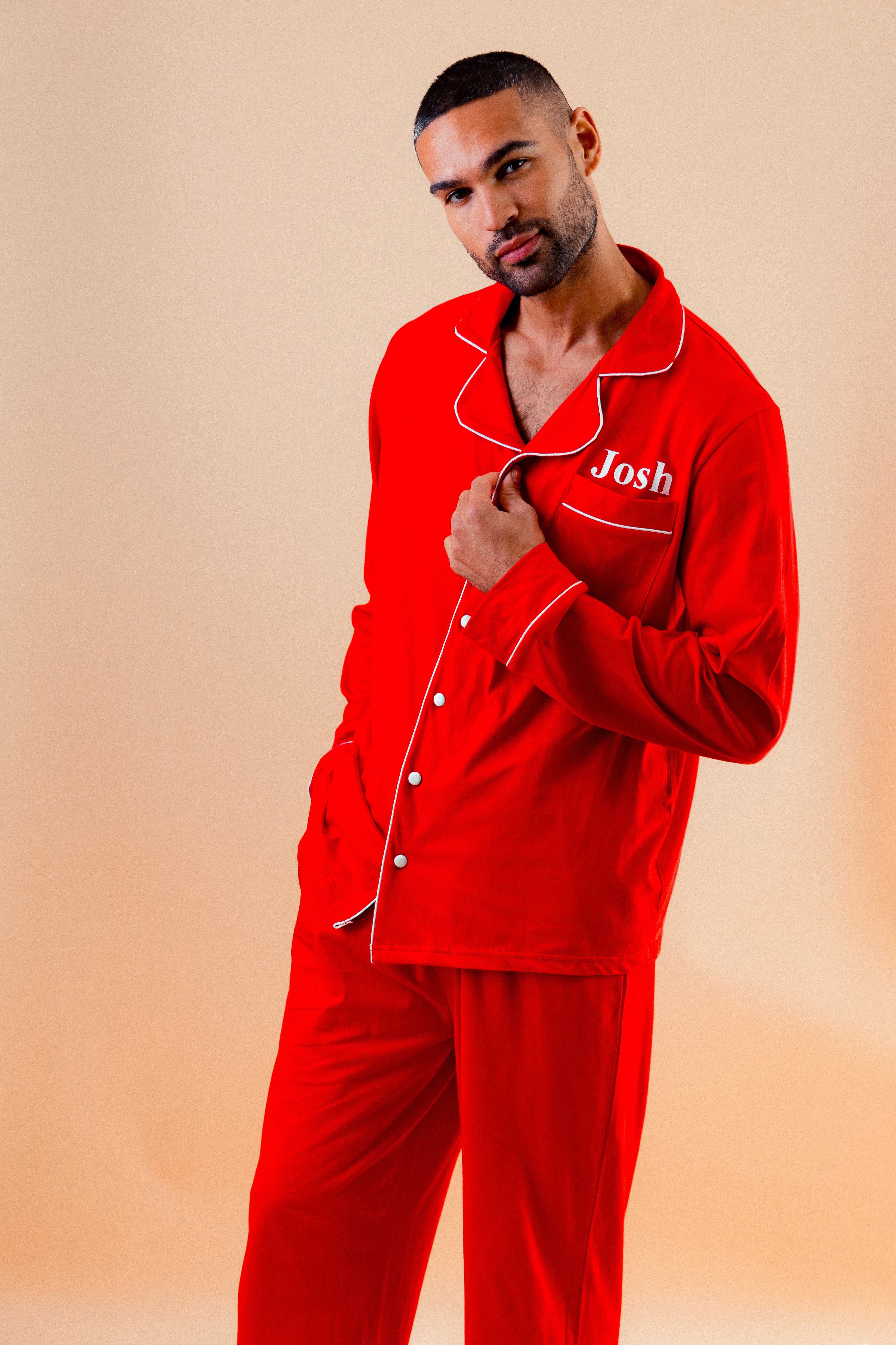 Mens jersey button up personalised pyjama in a lovely Red colour with White trims, buttons and personalisation. 