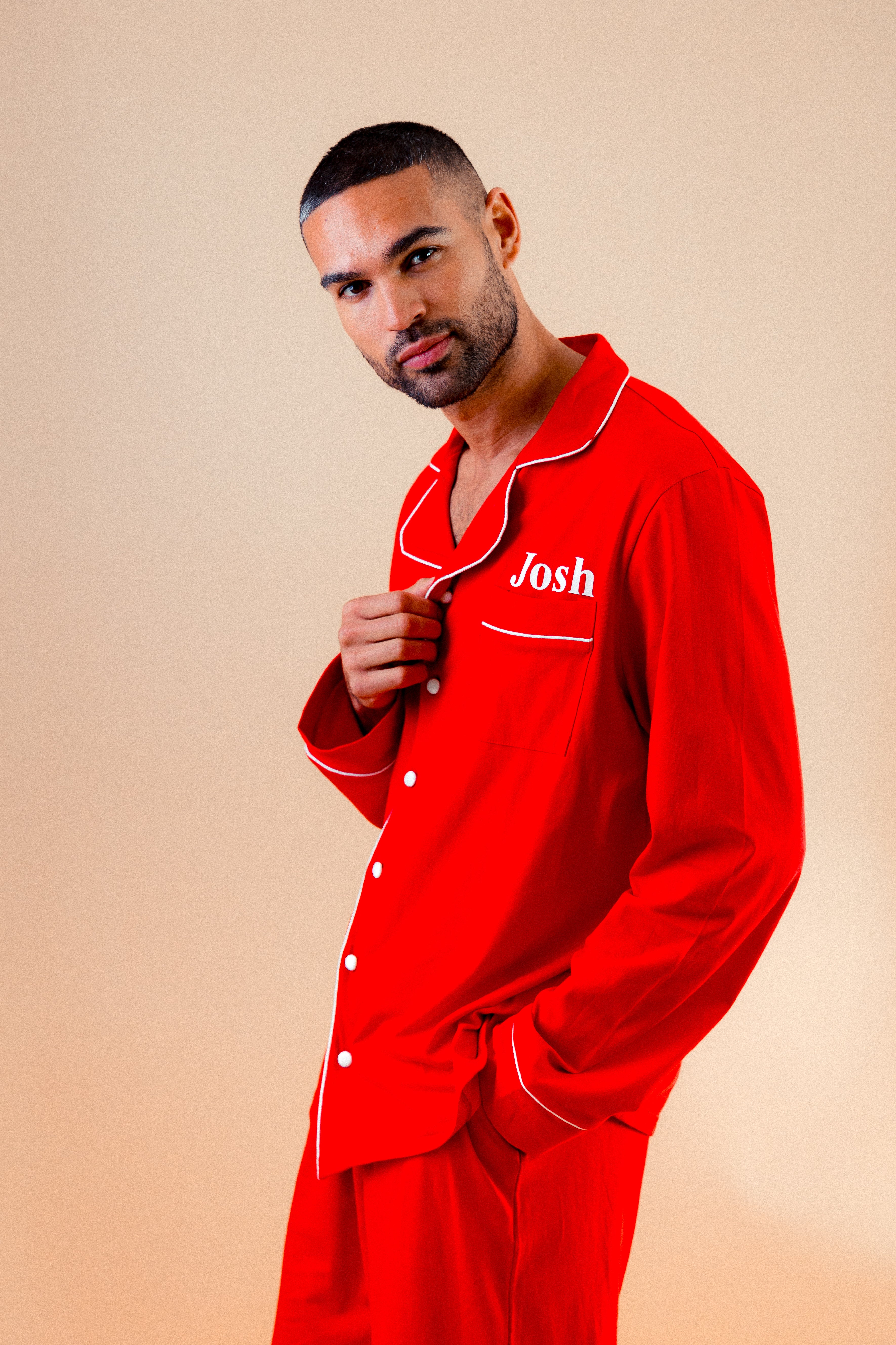 Mens jersey button up personalised pyjama in a lovely Red colour with White trims, buttons and personalisation. 