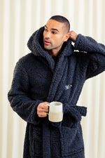 Load image into Gallery viewer, Mens premium maxi personalised dressing gown in a luxurious Charcoal colour. Made from super soft thick fabric, maxi length, large hood to the back and adjustable tie around the waist. Complete with a special touch of personalisation to the chest - this is embroidered especially for you. Making the perfect personalised gift for him. 
