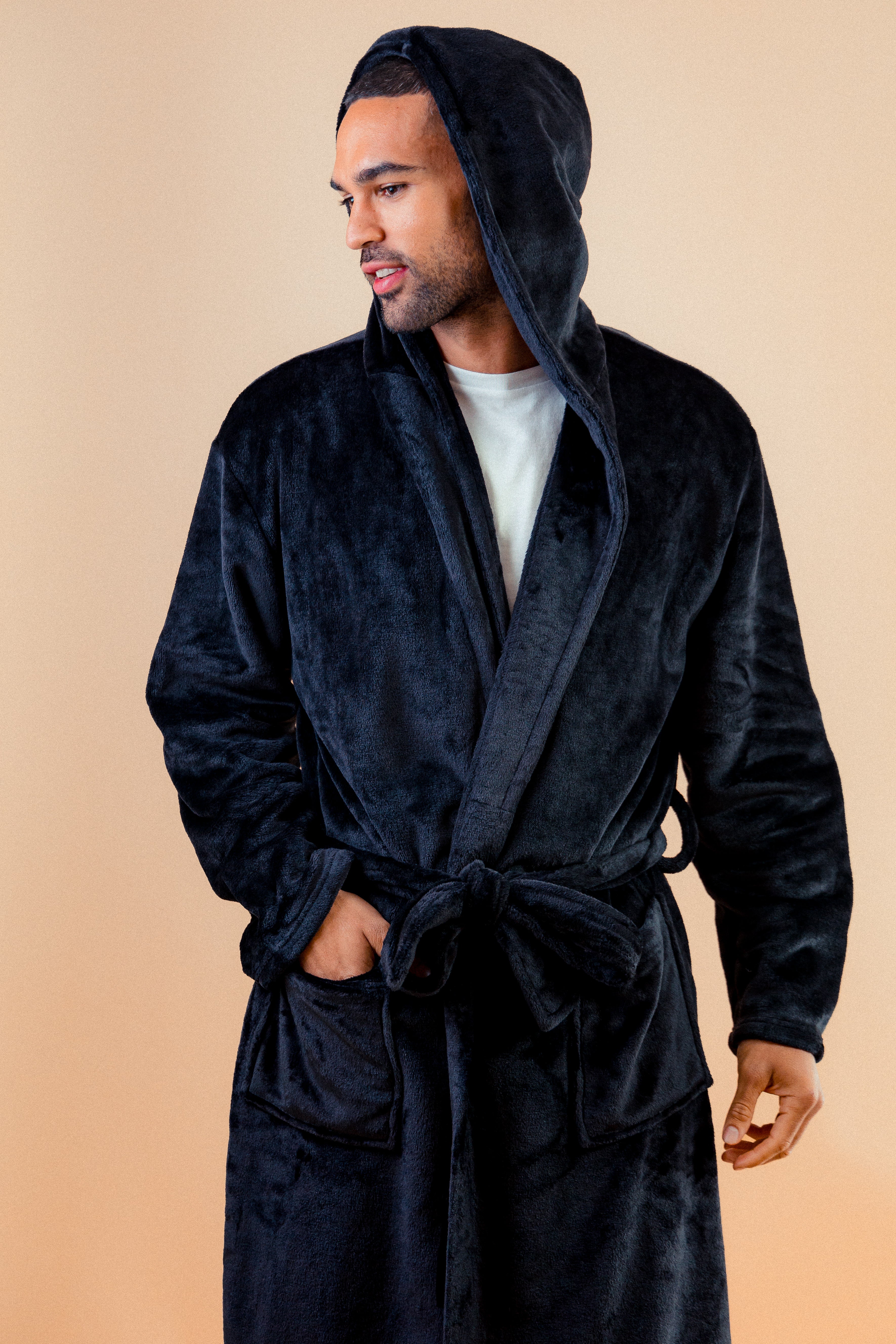 Mens plush maxi personalised dressing gown in a luxurious plush Navy colour. Made from super soft thick fabric, maxi length, large hood to the back and adjustable tie around the waist. Complete with a special touch of personalisation to the chest - this is embroidered especially for you. Making the perfect personalised gift for him. 