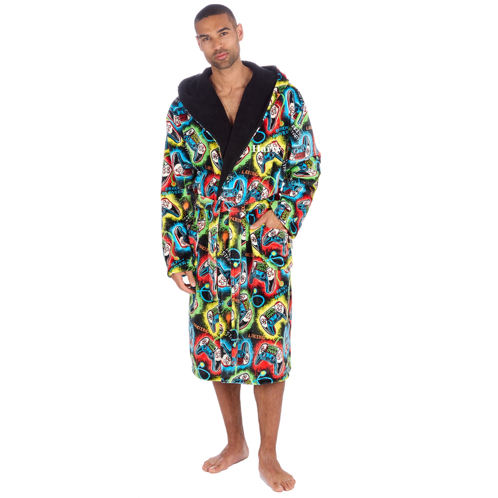 Mens gaming dressing gown personalised to the front of the chest with a hood and pocket. Adjustable tie around the waist. 