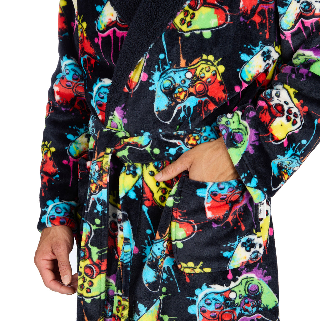 Mens gaming dressing gown personalised to the front with hood and pockets, with adjustable waist tie.  Colourful controller design with black background. 