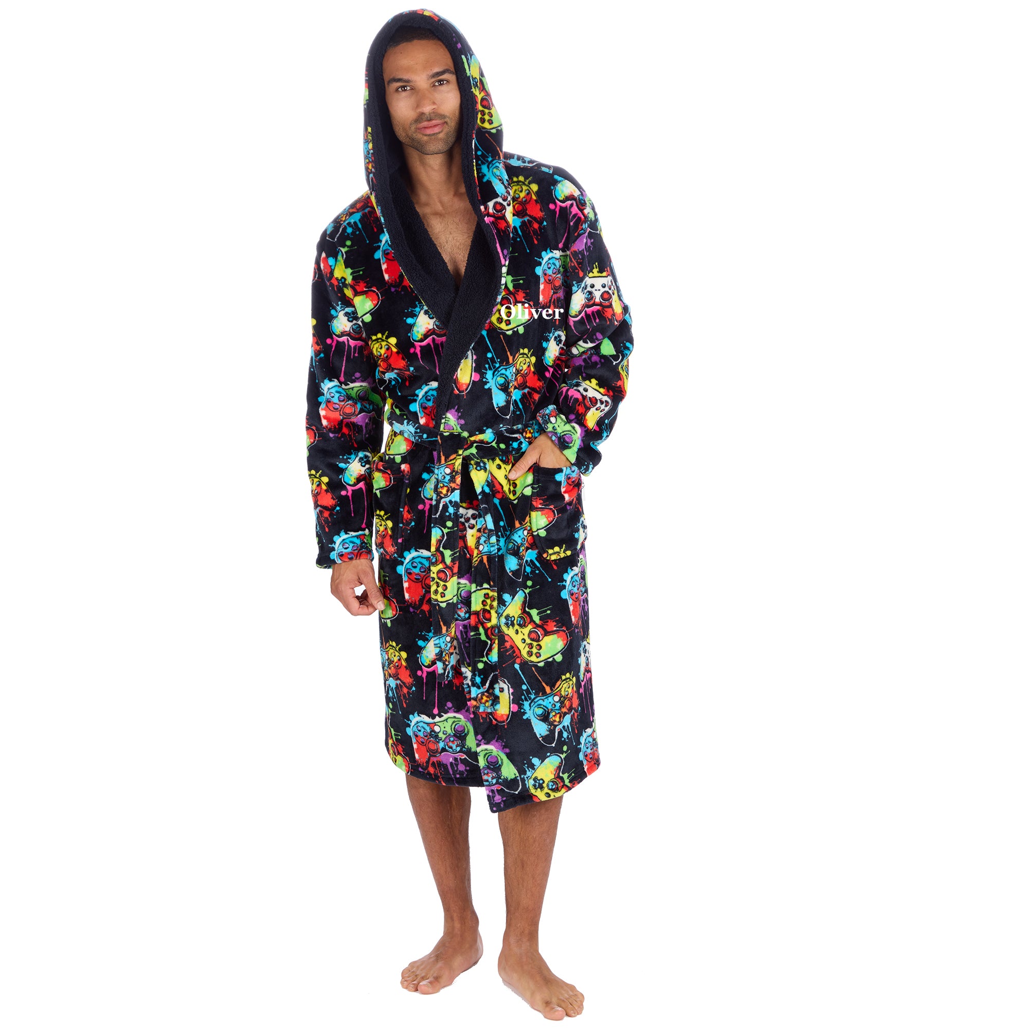 Mens gaming dressing gown personalised to the front with hood and pockets.  Adjustable waist tie and a black fleece soft hood lining. Colourful controller design the perfect personalised gift for the gamers! 