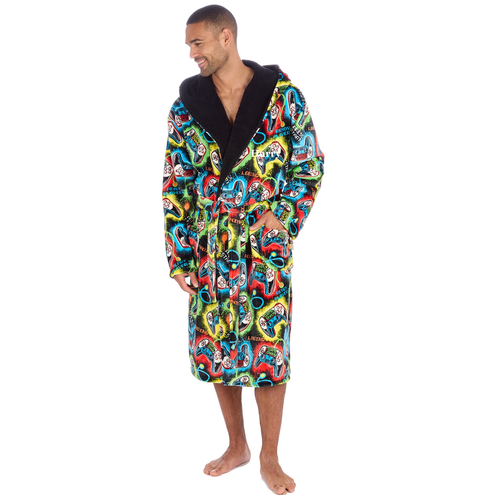 Mens gaming dressing gown personalised to the front with hood and pocket.  Adjustable waist tie and a black fleece soft hood lining. Colourful controller design the perfect personalised gift for the gamers! 
