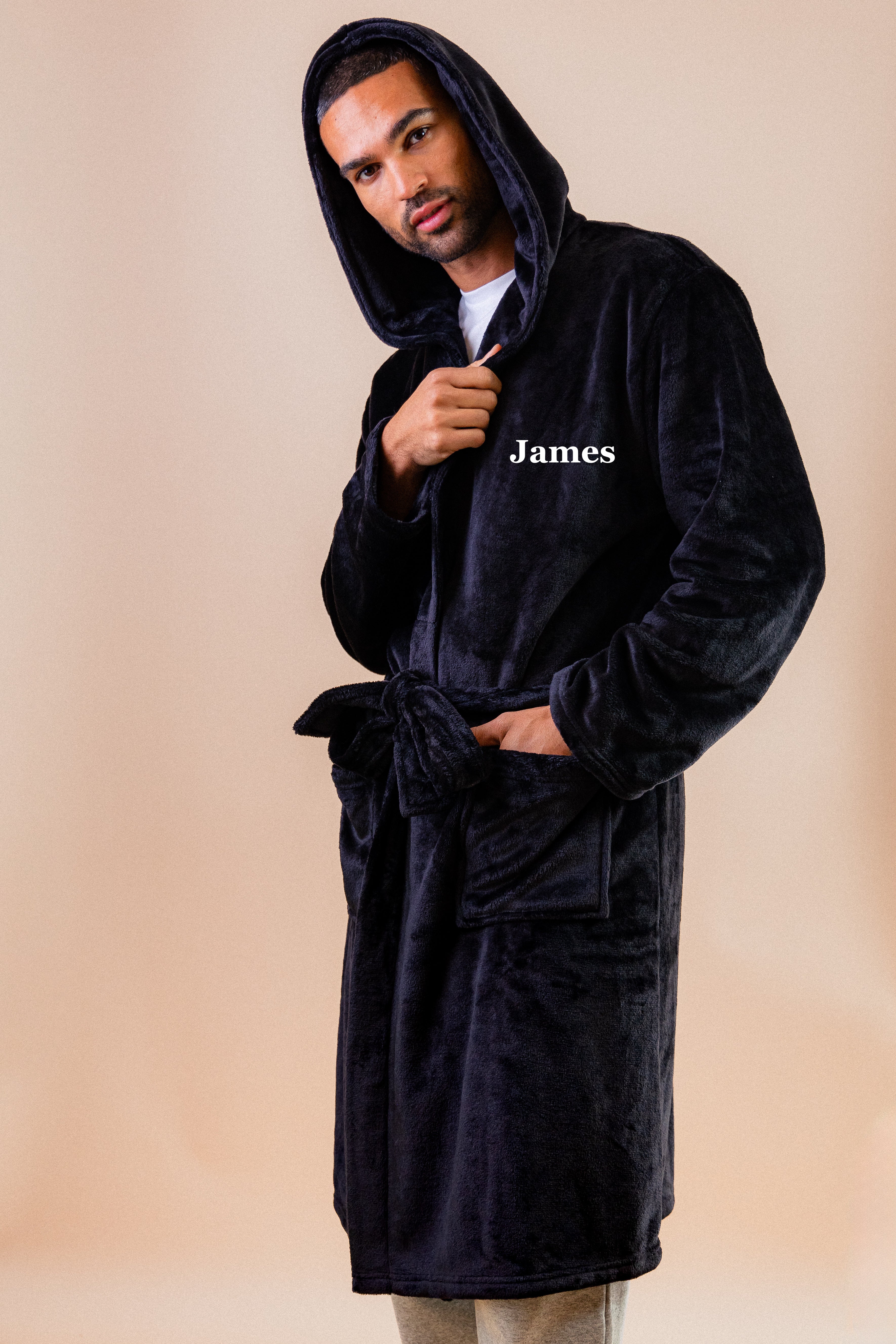 Mens plush maxi personalised dressing gown in a luxurious plush Navy colour. Made from super soft thick fabric, maxi length, large hood to the back and adjustable tie around the waist. Complete with a special touch of personalisation to the chest - this is embroidered especially for you. Making the perfect personalised gift for him. 