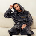 Mens two tone plush maxi personalised dressing gown in a luxurious Charcoal and Black two tone mix colour. Made from super soft thick fabric, maxi length, large hood to the back and adjustable tie around the waist. Complete with a special touch of personalisation to the chest - this is embroidered especially for you. Making the perfect personalised gift for him. 