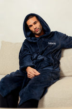 Load image into Gallery viewer, Mens two tone plush maxi personalised dressing gown in a luxurious Navy and Black two tone mix colour. Made from super soft thick fabric, maxi length, large hood to the back and adjustable tie around the waist. Complete with a special touch of personalisation to the chest - this is embroidered especially for you. Making the perfect personalised gift for him. 
