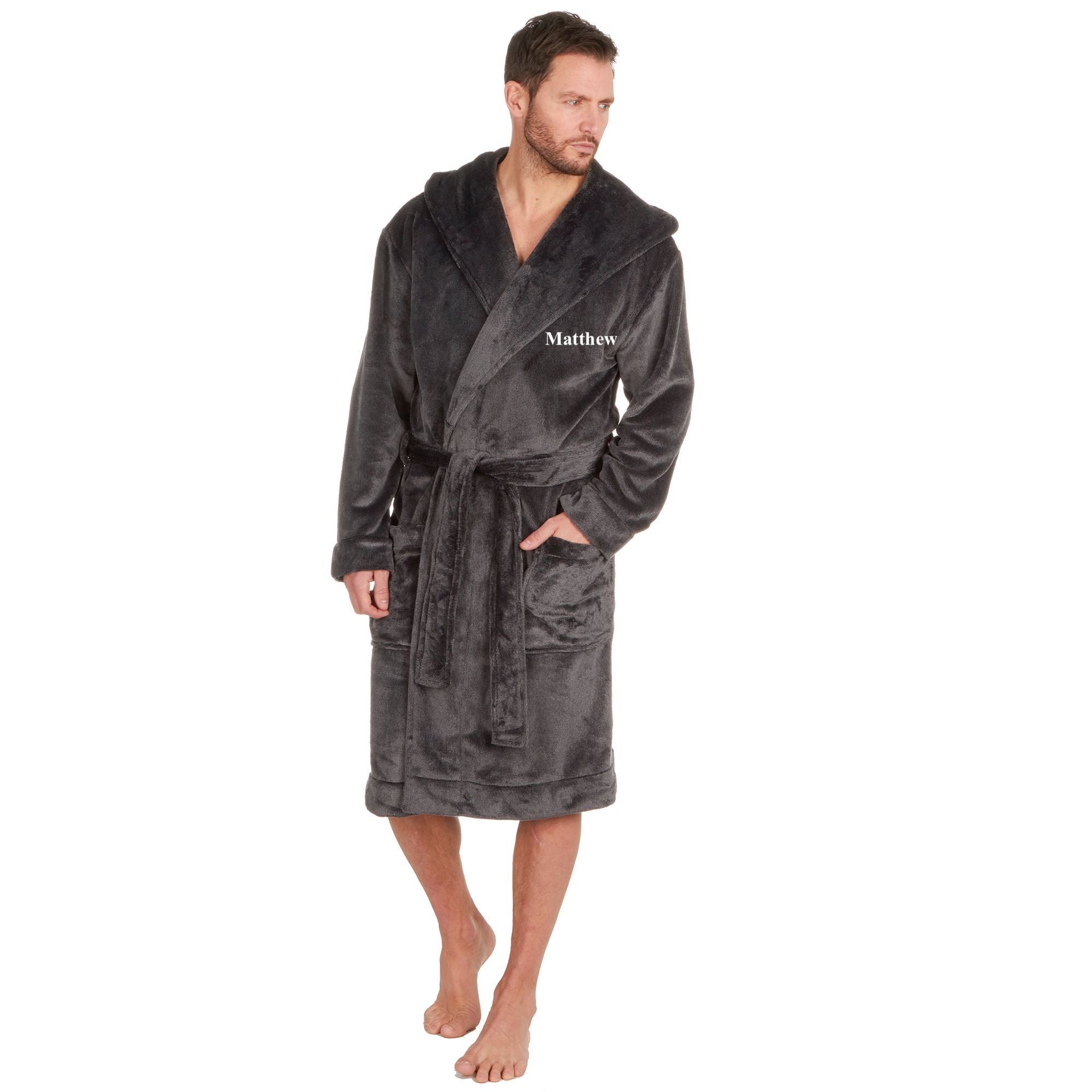 David Archy Long Fleece Robe With Hood Mens Housecoat Dressing Gown Bathrobe  Warm Winter