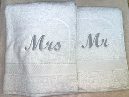 Mr and Mrs personalised towels | personalised wedding towel set | embroidered Egyptian cotton towels