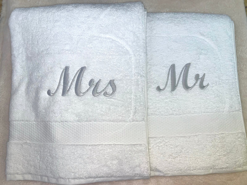 Mr and Mrs personalised towels | personalised wedding towel set | embroidered Egyptian cotton towels