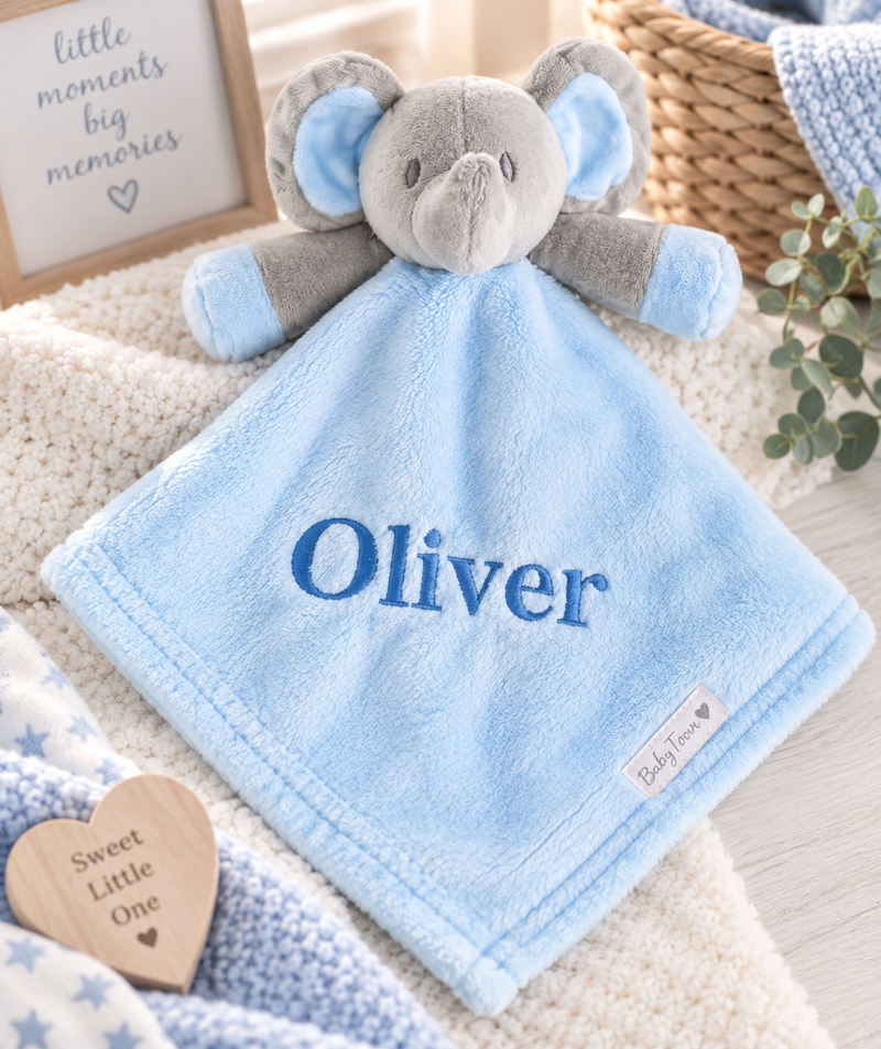 baby personalised elephant comforter | personalised elephant comfort blanket | embroidered elephant comforter for baby | elephant baby comfort toy