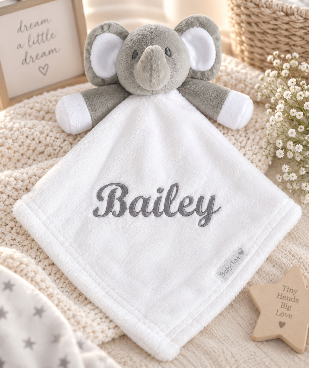 baby personalised elephant comforter | personalised elephant comfort blanket | embroidered elephant comforter for baby | elephant baby comfort toy