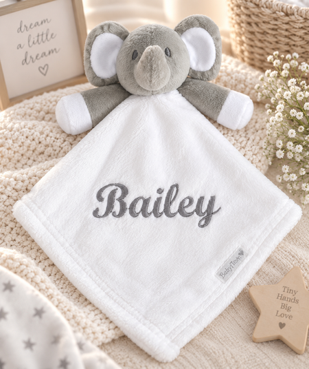 baby personalised elephant comforter | personalised elephant comfort blanket | embroidered elephant comforter for baby | elephant baby comfort toy