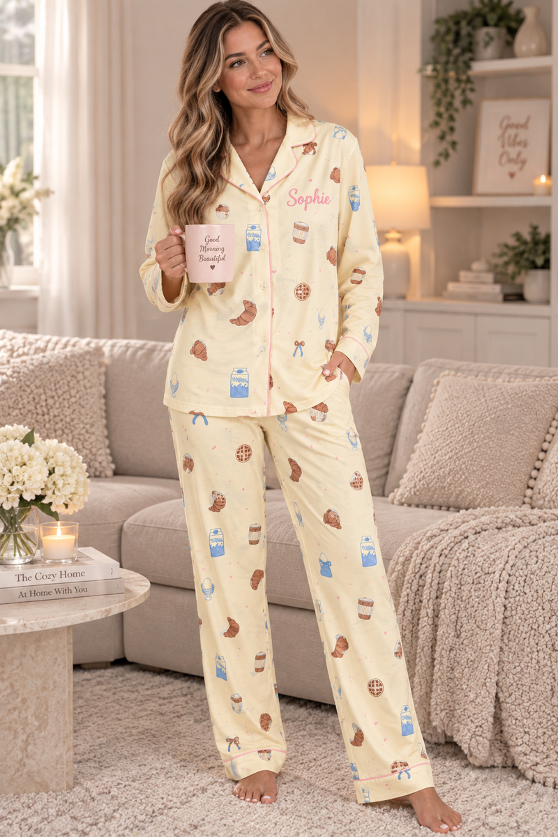 Pre-order- Personalised Long Sleeve Cafe Print Pyjama Set