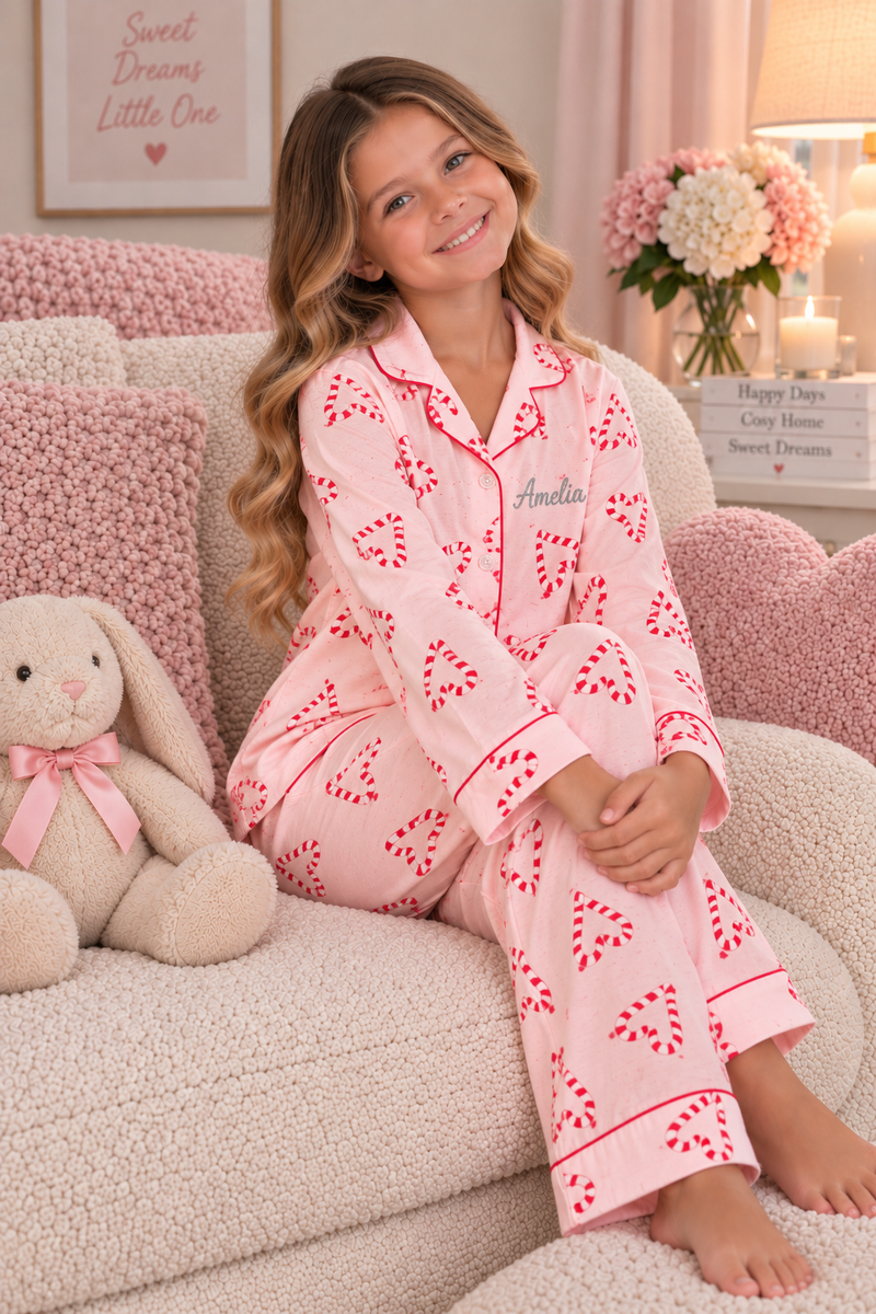 Personalised Christmas Candy Cane Print Pyjama Set - Girls