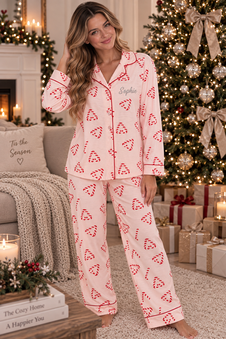 Pre-Order- Personalised Christmas Candy Cane Print Pyjama Set