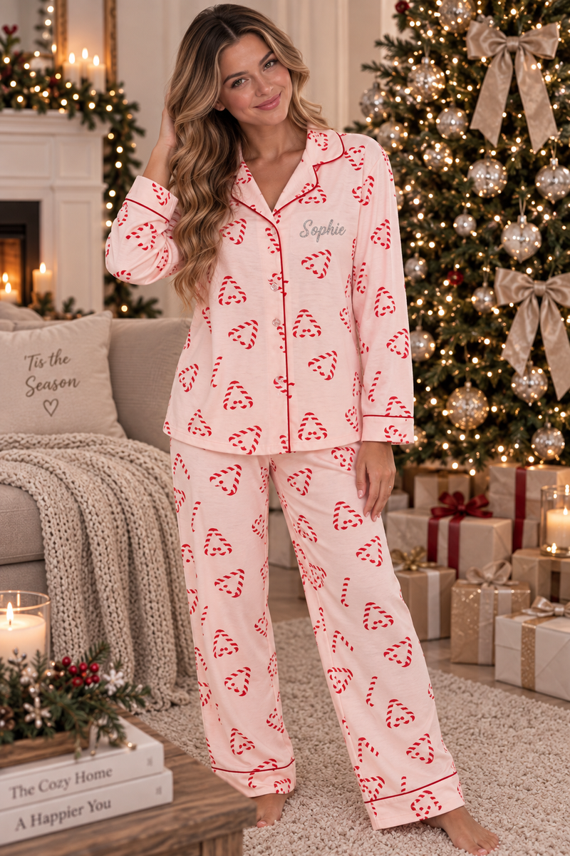 Pre-Order- Personalised Christmas Candy Cane Print Pyjama Set