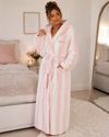 Personalised ladies stripe white and pink gown. Crafted from a luxury premium fabric and customised with a name and thread colour of your choice. Matching pyjamas available to buy. 